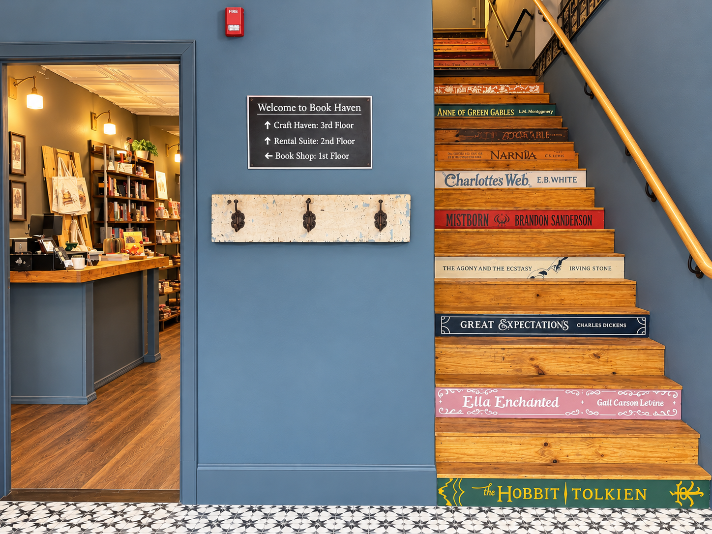 Inside Book Haven: the shop entrance beside the book-spine painted staircase